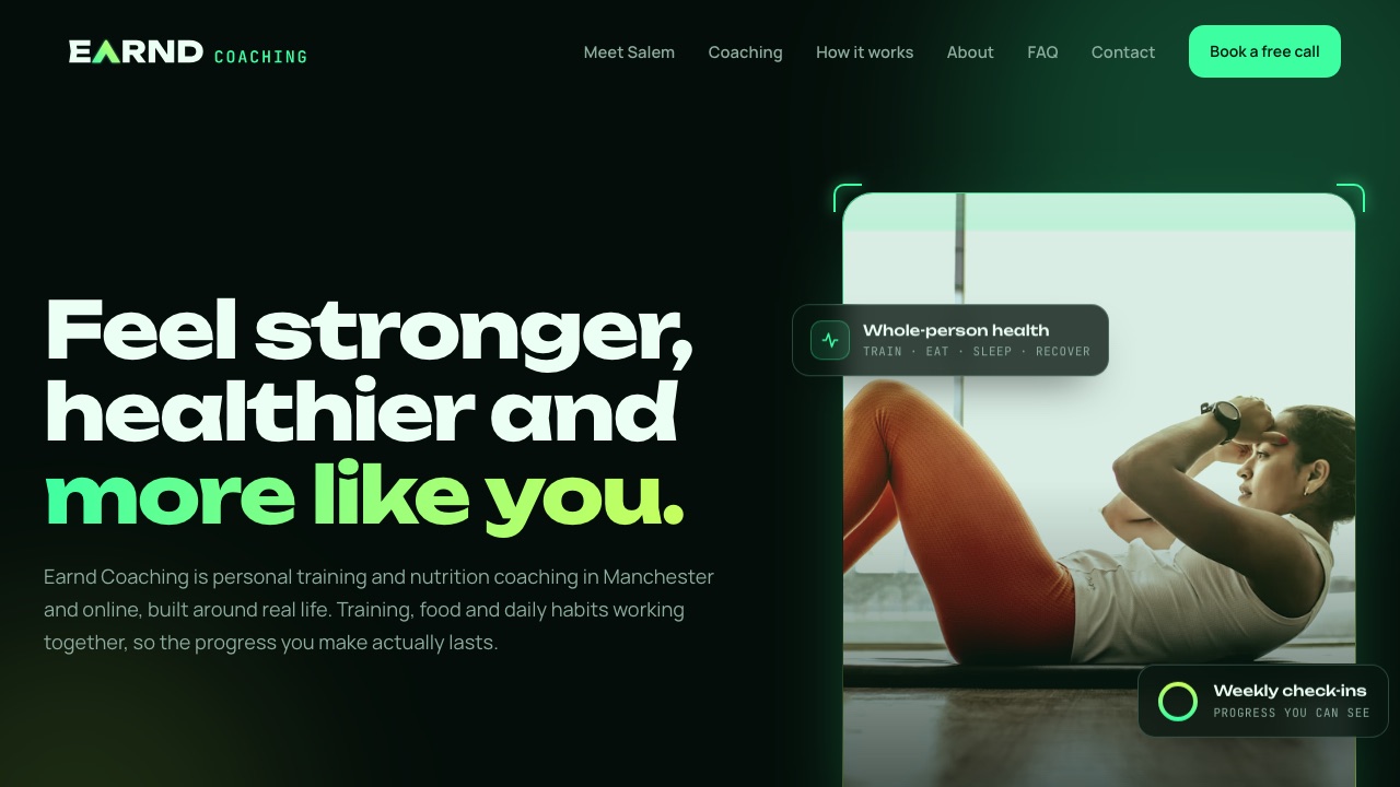 Homepage of the Earnd Coaching website, built by XMD
