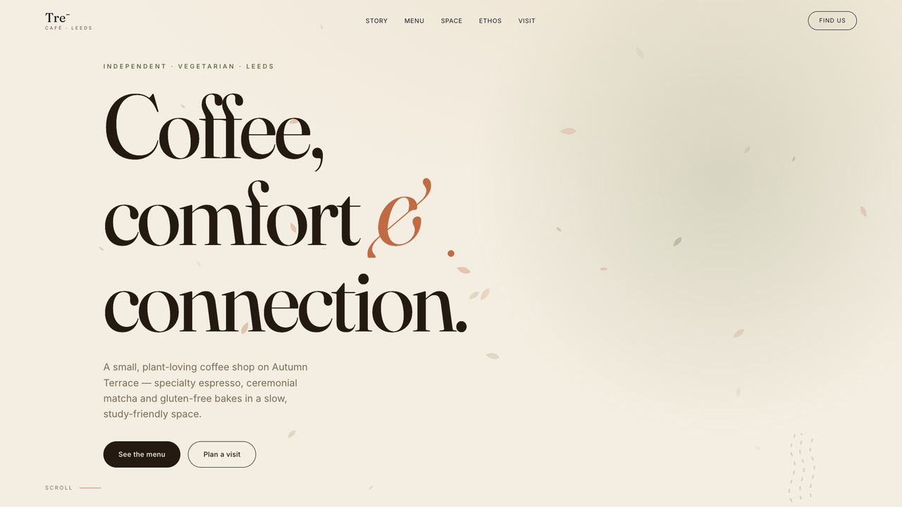 Homepage of the Tre' Café website, built by XMD